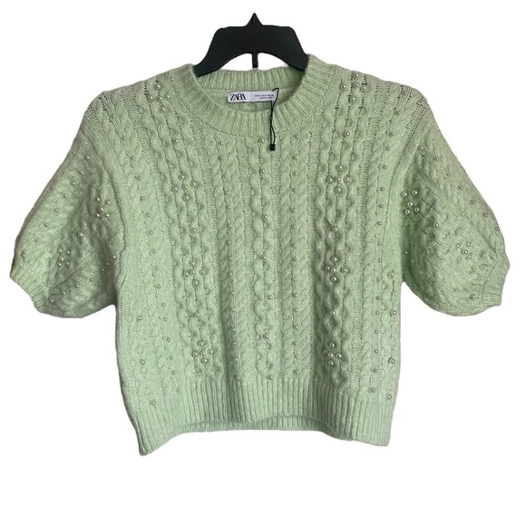 NWOT Zara Wool & Alpaca Blend Light Green Knit Sweater with Pearls - Picture 6 of 9